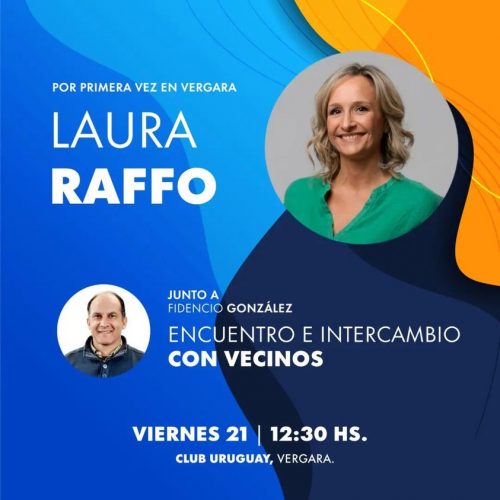 Invitada por el Alcalde Fidencio González, Laura Raffo traspasa las fronteras del departamento de Montevideo, y este viernes llegará a la ciudad de Vergara, en el departamento de Treinta y Tres. “Este viernes recibimos por primera vez en Vergara a Laura Raffo”, expresa la invitación. Viernes 21 de octubre. 12:30 horas Club Uruguay de Vergara ¡Te esperamos! Recordemos que Laura Raffo es la Presidenta de la Comisión Departamental de Montevideo, y que cuenta con el respaldo del Herrerismo ante la eventualidad de una precandidatura presidencial, en donde, según las encuestas marca aproximadamente el 18% y se ubica detrás del Secretario de la Presidencia de la República, Álvaro Delgado de Aire Fresco, con guarismos similares a los de la Vicepresidenta de la República, Beatriz Argimón.