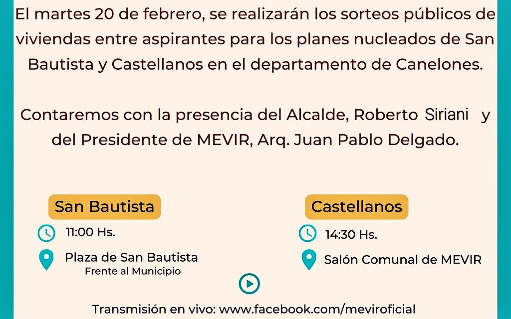 Mevir: Sorteo público de viviendas en San Bautista y Castellanos