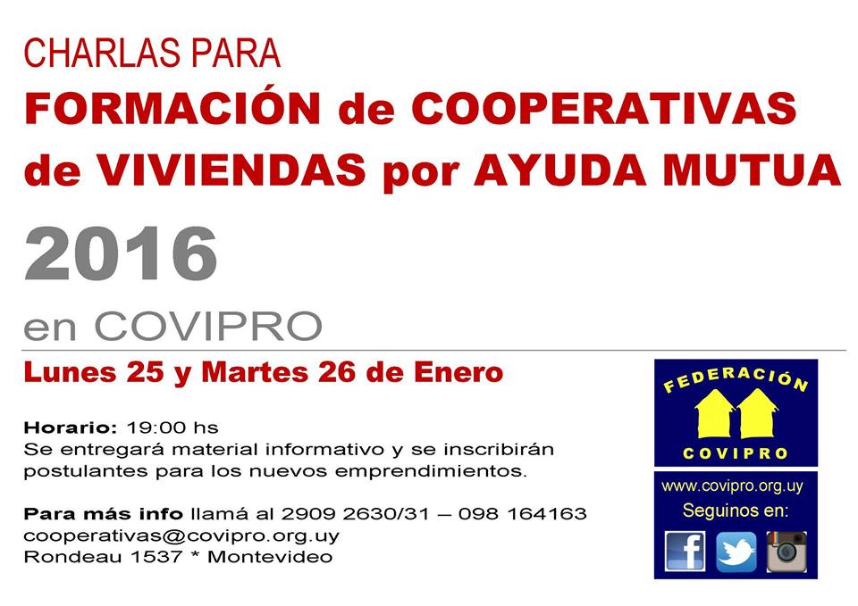 Nuevas charlas para conformar cooperativas de viviendas en Montevideo y Ciudad de la Costa