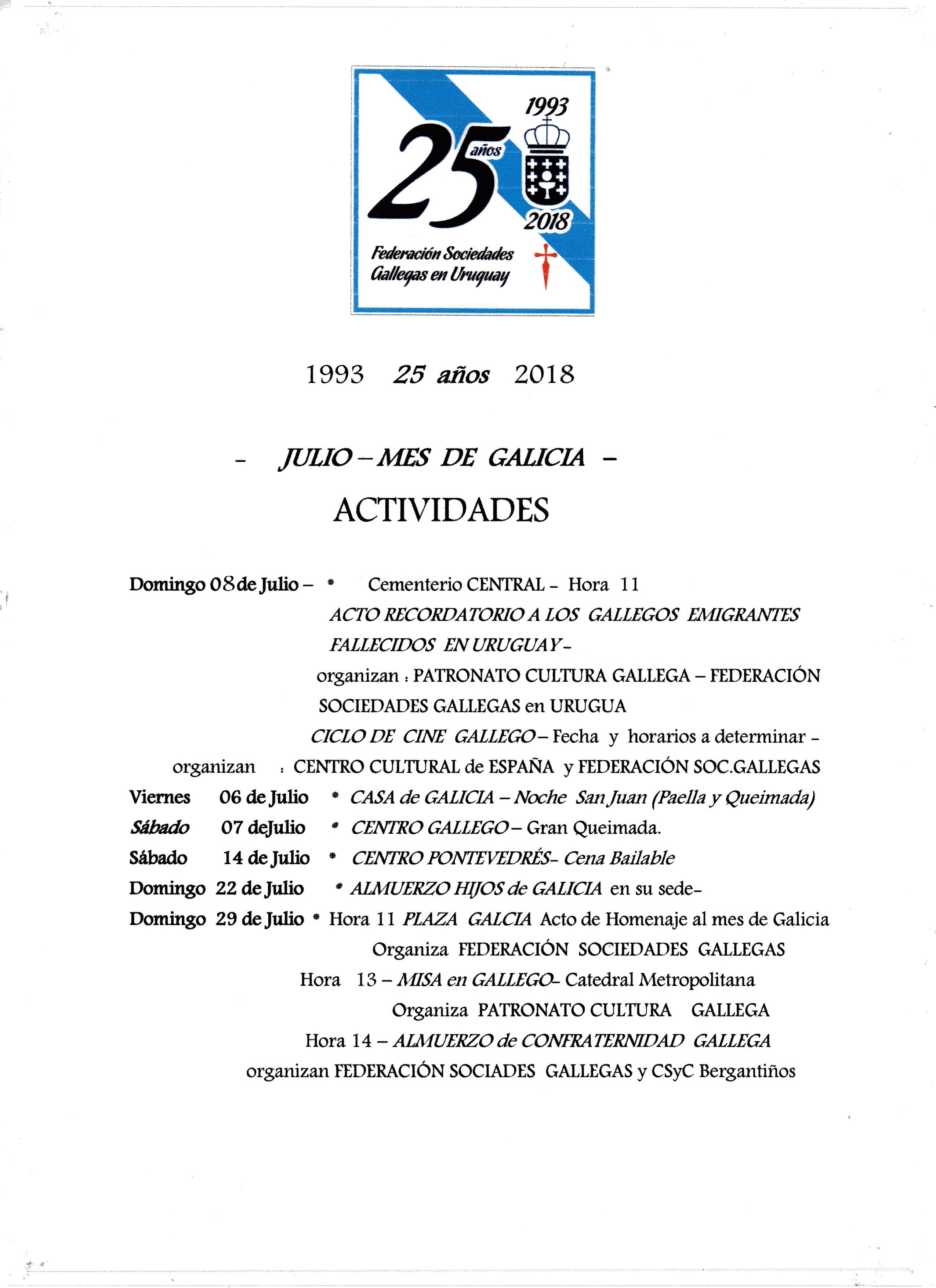 Calendario de actividades de la Federación de Sociedades Gallegas para Julio 2018