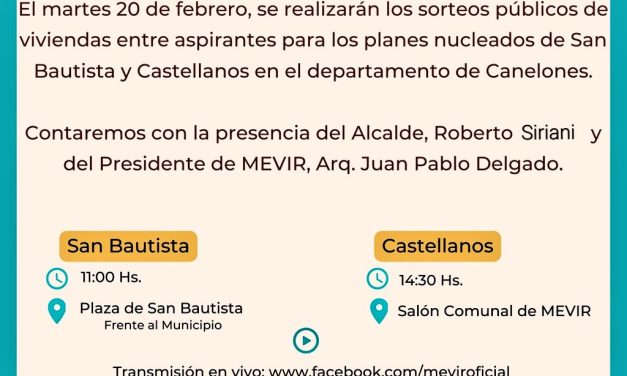 Mevir: Sorteo público de viviendas en San Bautista y Castellanos